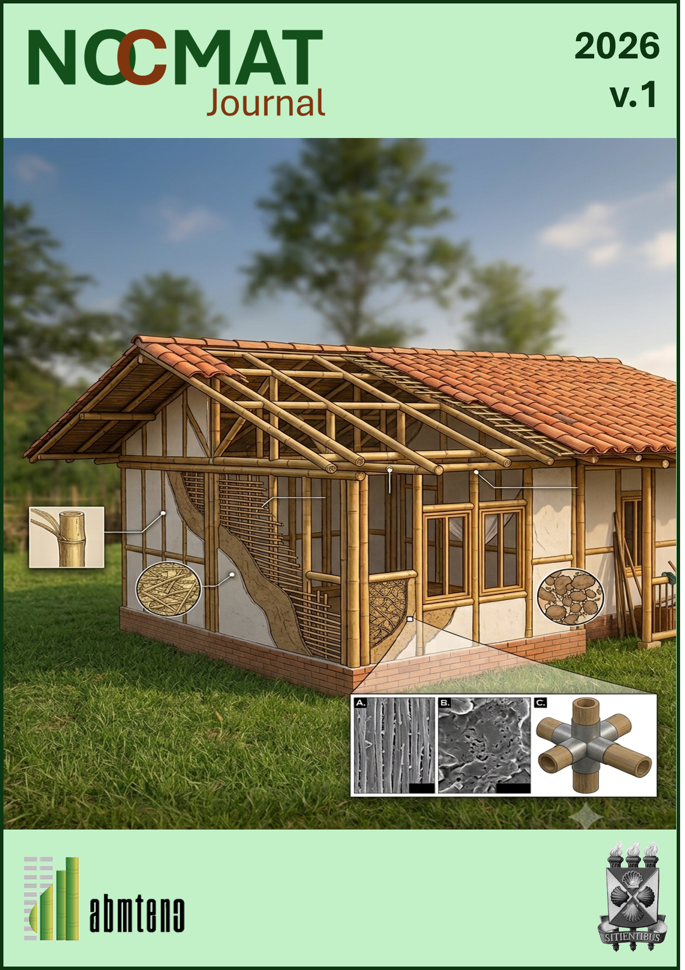 A imagem é a capa de uma publicação digital ou impressa. A composição possui bordas em tom verde-claro na parte superior e inferior, emoldurando uma fotografia central de uma casa construída com materiais sustentáveis.